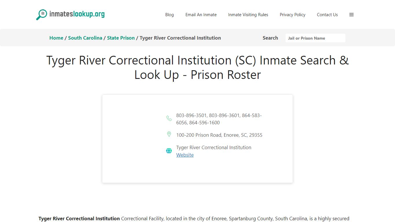 Tyger River Correctional Institution (SC) Inmate Search & Look Up ...